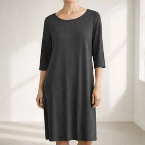 Eileen Fisher Gray Stretch Jersey A-Line Dress Elbow Sleeve Flowy Womens Size PM